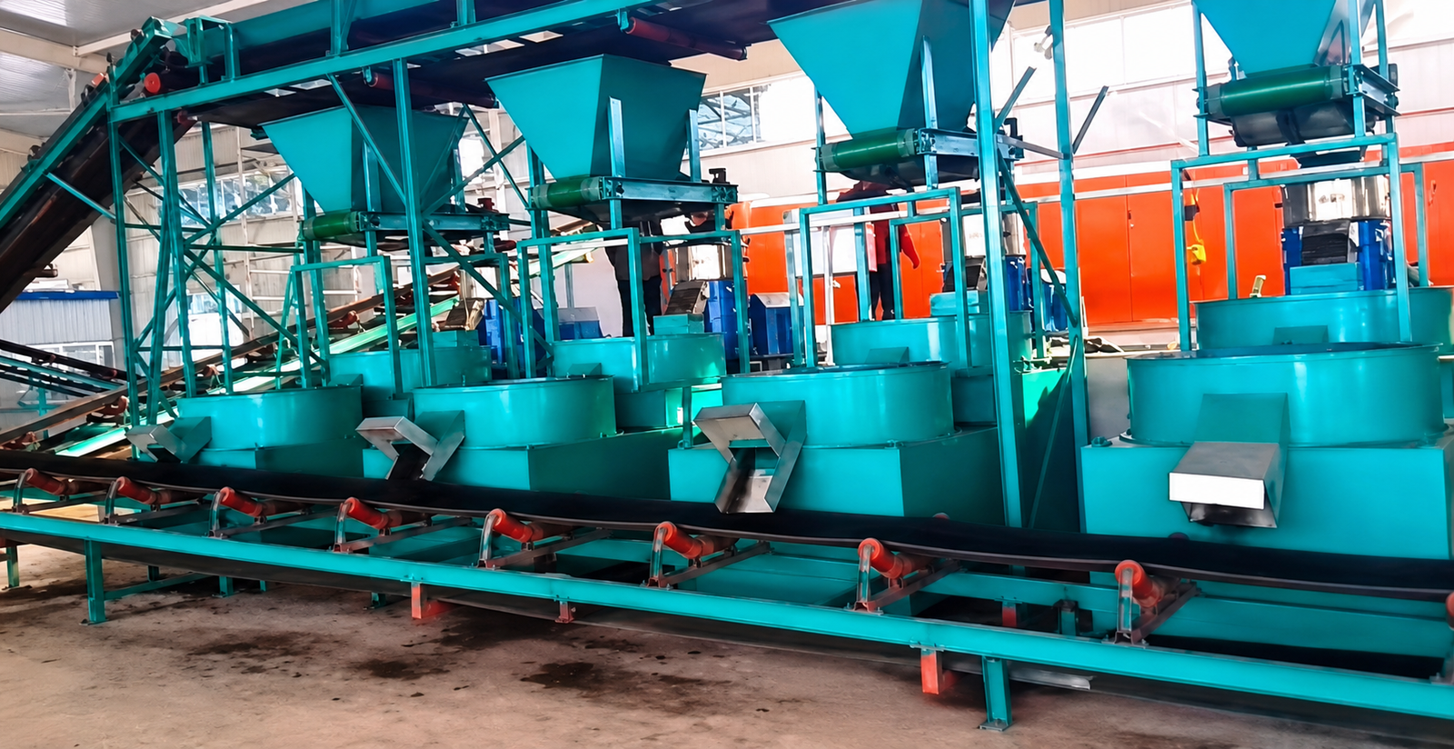 Jinyuelong organic fertilizer granulation project with feeding hoppers, processing units and belt conveyors